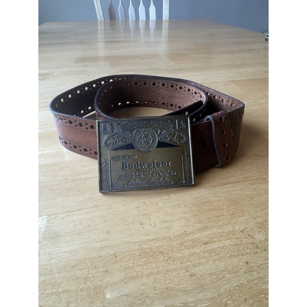 Vintage Budweiser Brass Belt Buckle Brown Leather Belt Size 34 Mens Western - Picture 1 of 7